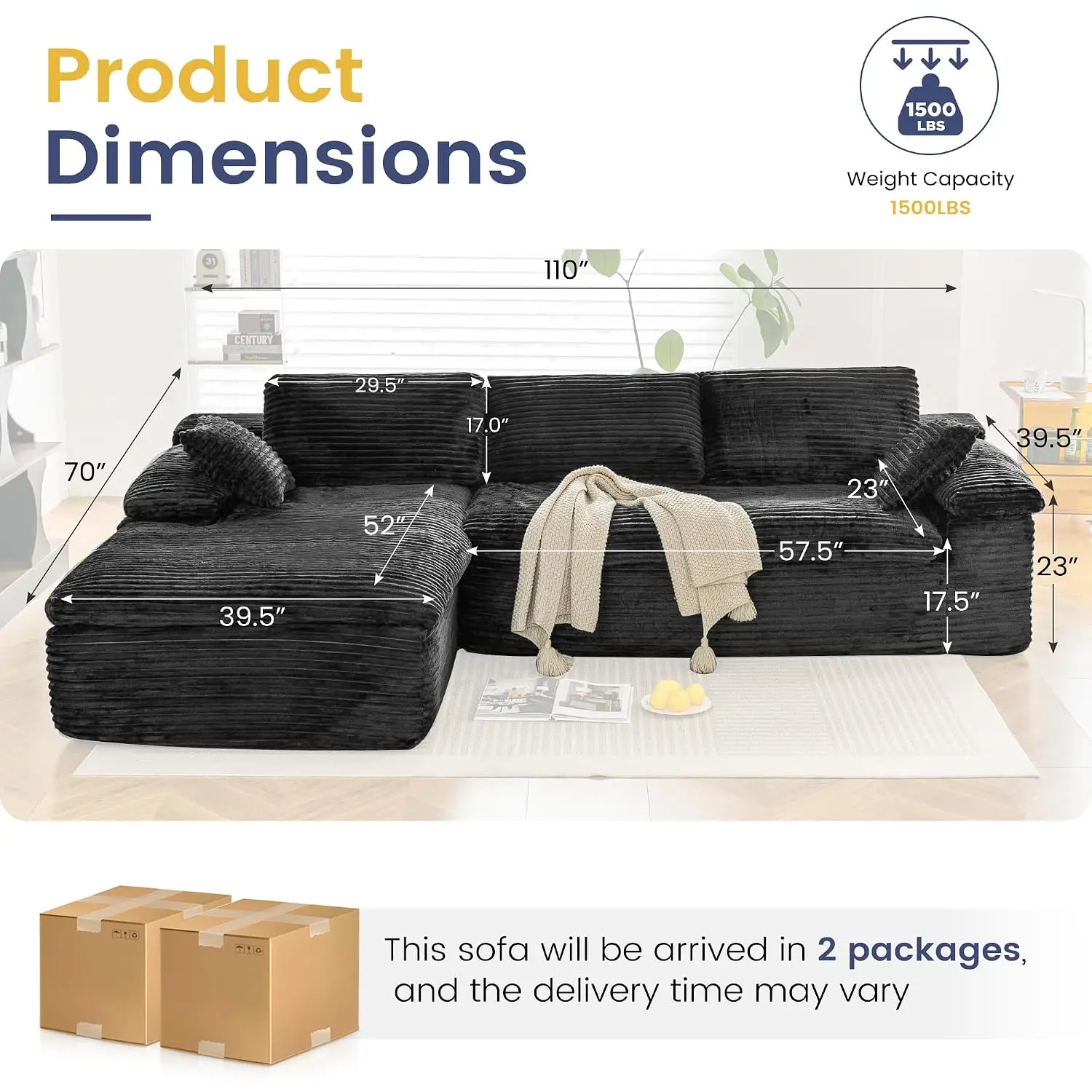 L Shaped Modular Sectional Sofa, Cloud Boneless Couch With Fluffy Cushion, Floor Sofa, No Assembly, Corduroy, Black, Customized
