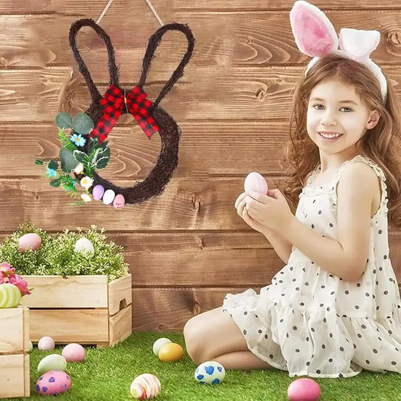 

Easter Wreaths For Front Door Bunny Shaped 18.9-Inch Artificial Spring Wreath With Bow Knot Rattan Bunny Wreath Rabbit Plant
