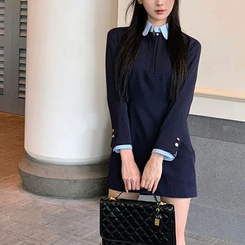 

Fashionable Spliced Waist Dresses Women's Clothing Fake Two Pieces Spring Autumn Korean Lapel Button Vintage Aura Mini Dress New