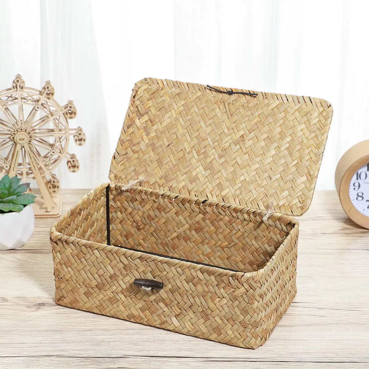 L! DT139^Seagrass Hand Woven Storage Box Storage Box Storage Basket Makeup Organizer Multipurpose Container with Lid