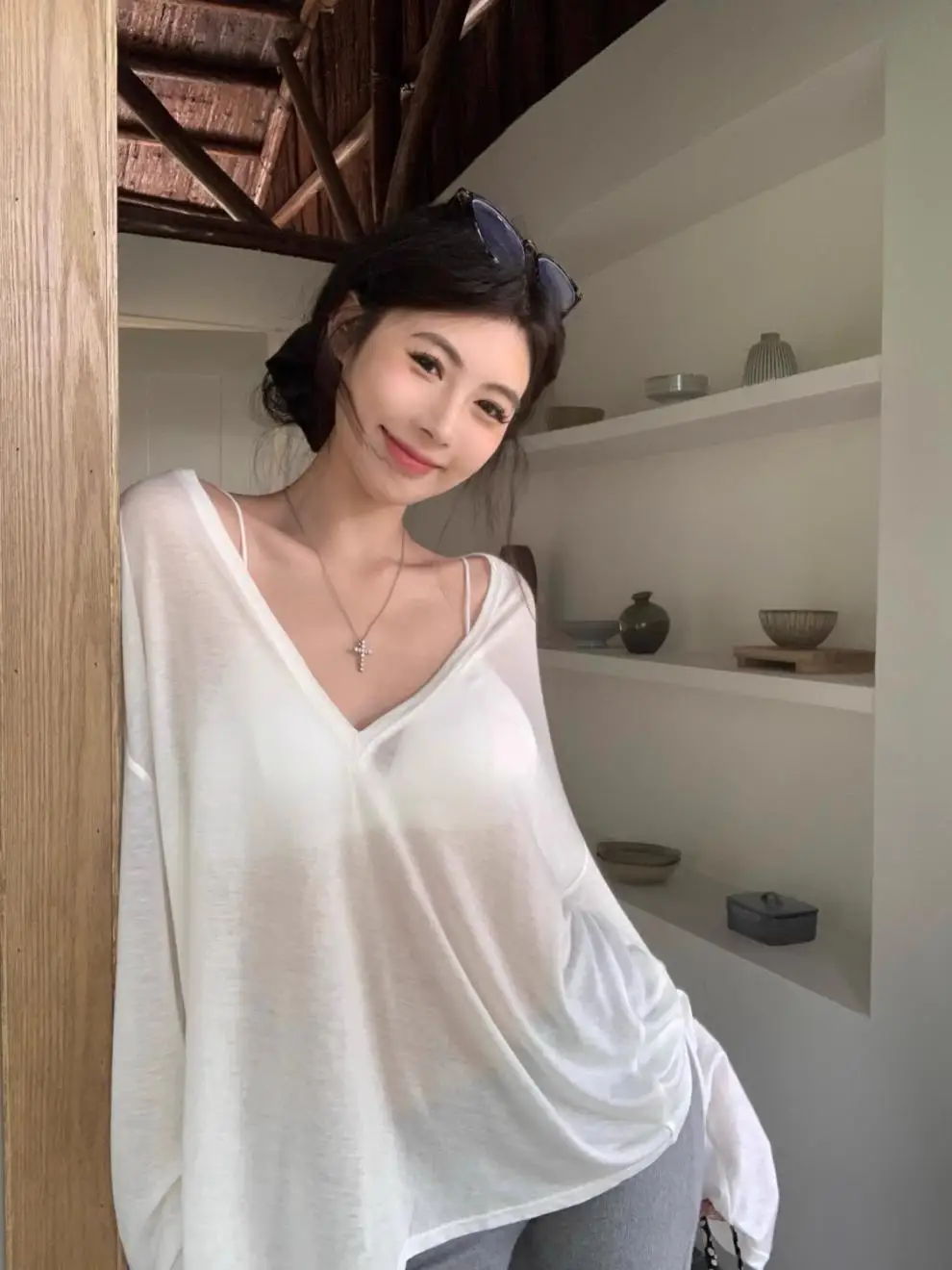 Thin Perspective Long Sleeved T-shirt for Women's Summer Loose Casual Korean Base Sun Protection Cover Up Top for Women
