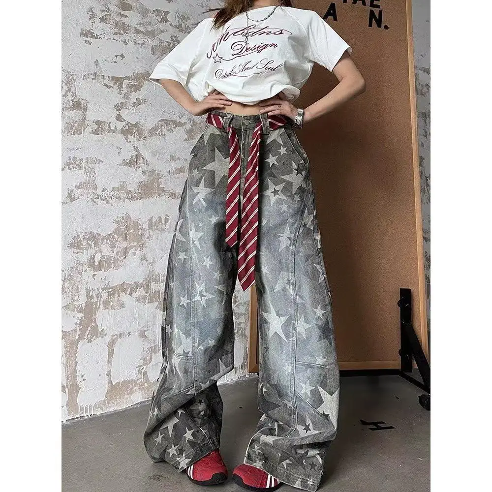 

Y2K винтажные потертые изогнутые джинсовые брюки-карго с американским звездным узором, свободные широкие брюки унисекс, повседневные камуфляжные джинсы High Street