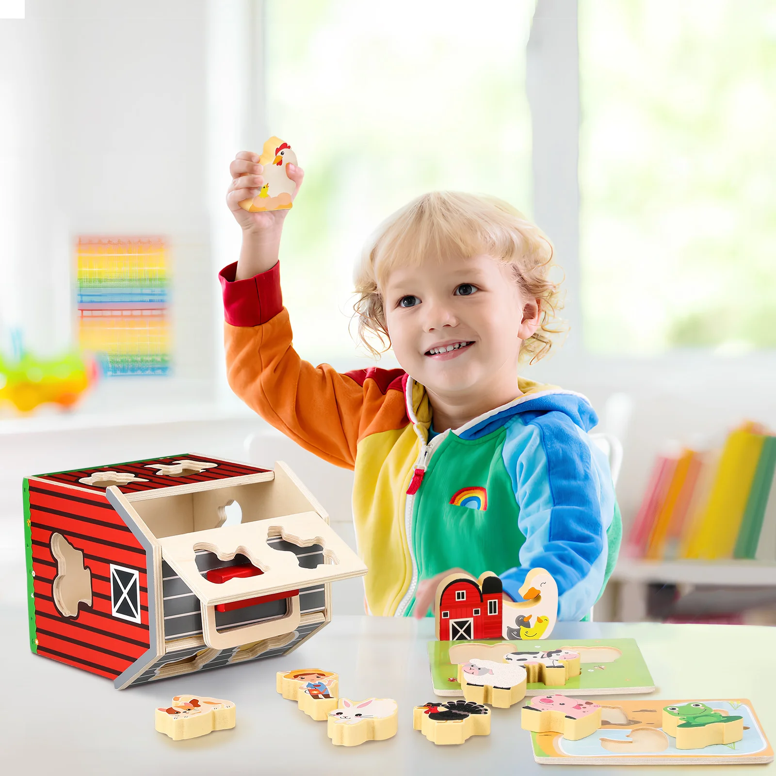 1 Set hölzerne Bauernhoftiere, Montessori-Lernaktivitäten für Kleinkinder im Alter von 5 Jahren, natürliches Holztier im Vorschulalter, Stielgebäude