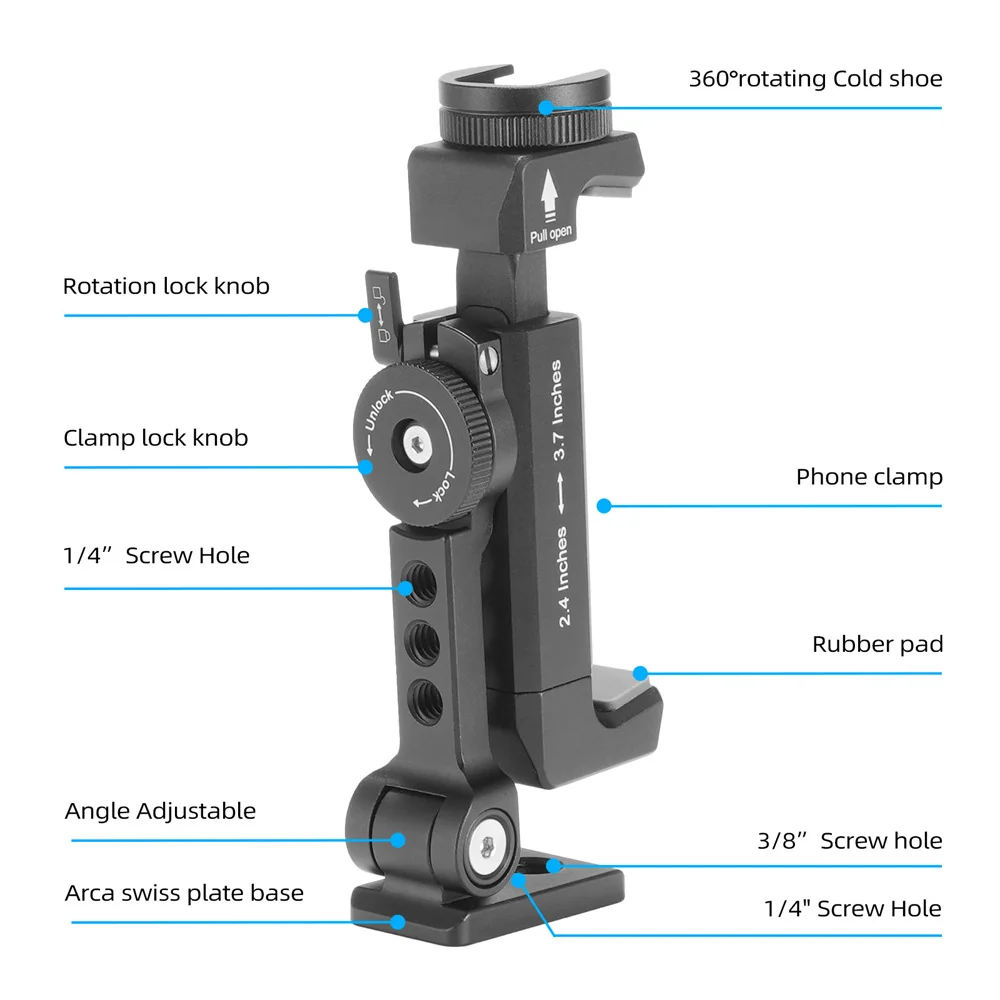 2024 Upgrade Aluminum Phone Tripod Mount Smartphone Holder Adapter w Arca Cold Shoe for iPhone 15 14 13 Samsung Phone Mic Light