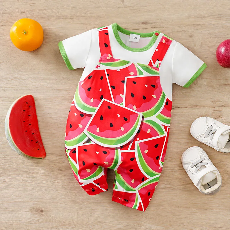 

0-18 Months Onesie Watermelon Print Clothes Baby 0-18 Months Newborn Knitted Round Neck Cool Lovely Comfortable Casual Romper