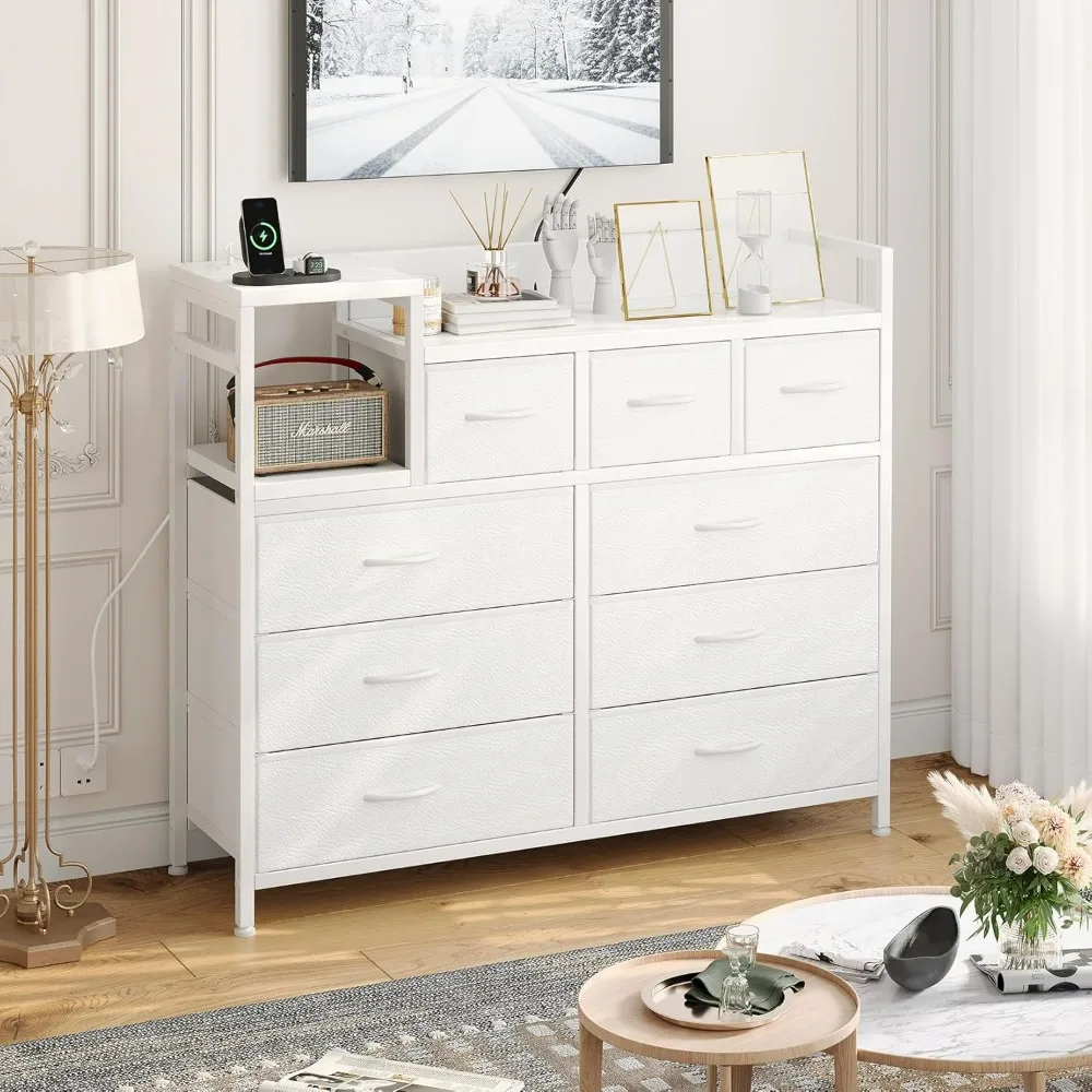 

Dresser TV Stand with Charging Station, Bedroom for Living Room TV Stand with 9 Drawers, White Dresser