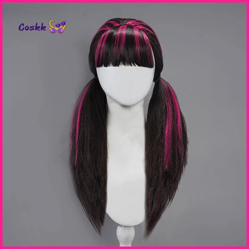 Peluca de cosplay de Draculaura, pelo largo de 60 cm, peluca negra y rosa resistente al calor, peluca para disfraz de Halloween