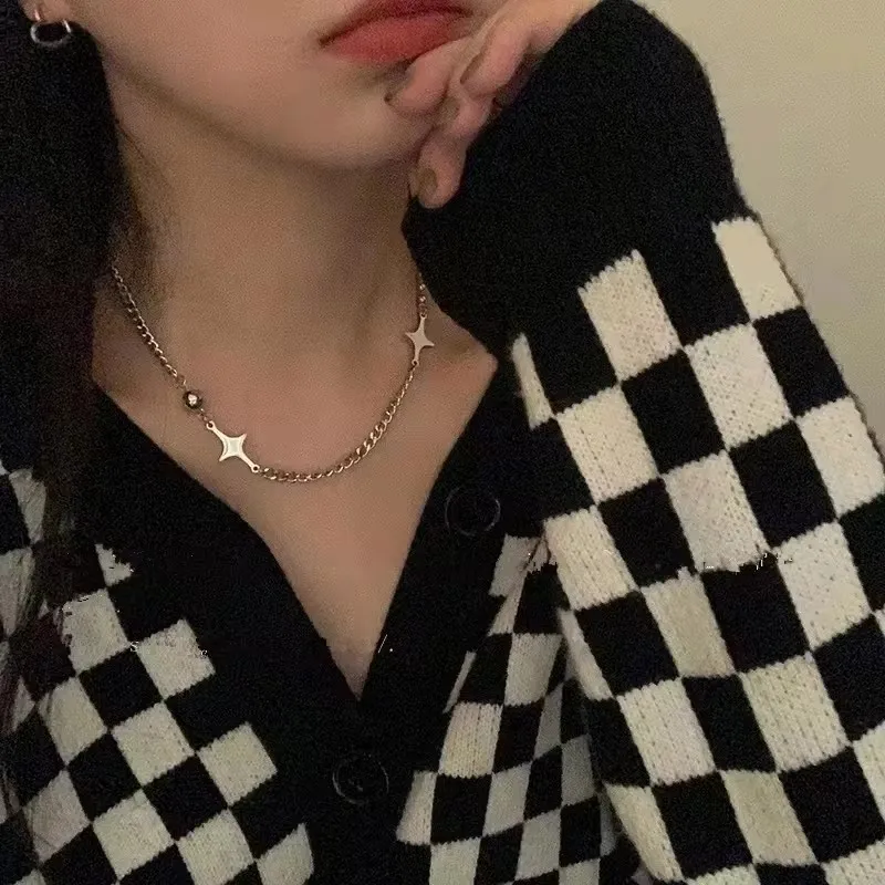 Vintage Y2k Aesthetic Pentagram Star Pendant Silver Color Choker Chain Necklace For Women Cool Hip Hop Jewelry Charm Accessories