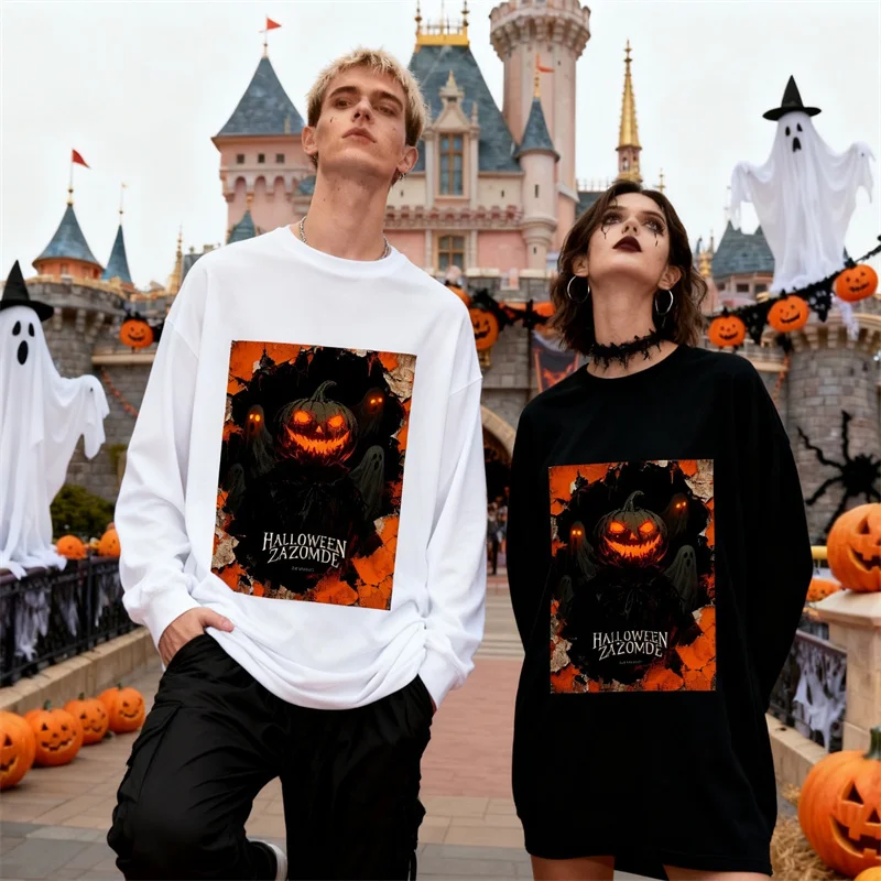 ZAZOMDE Spooky Halloween Ghost Face Print Long Sleeve T-Shirt Cotton Unisex Top For Men Gothic Style Comfort Wear Party Costume