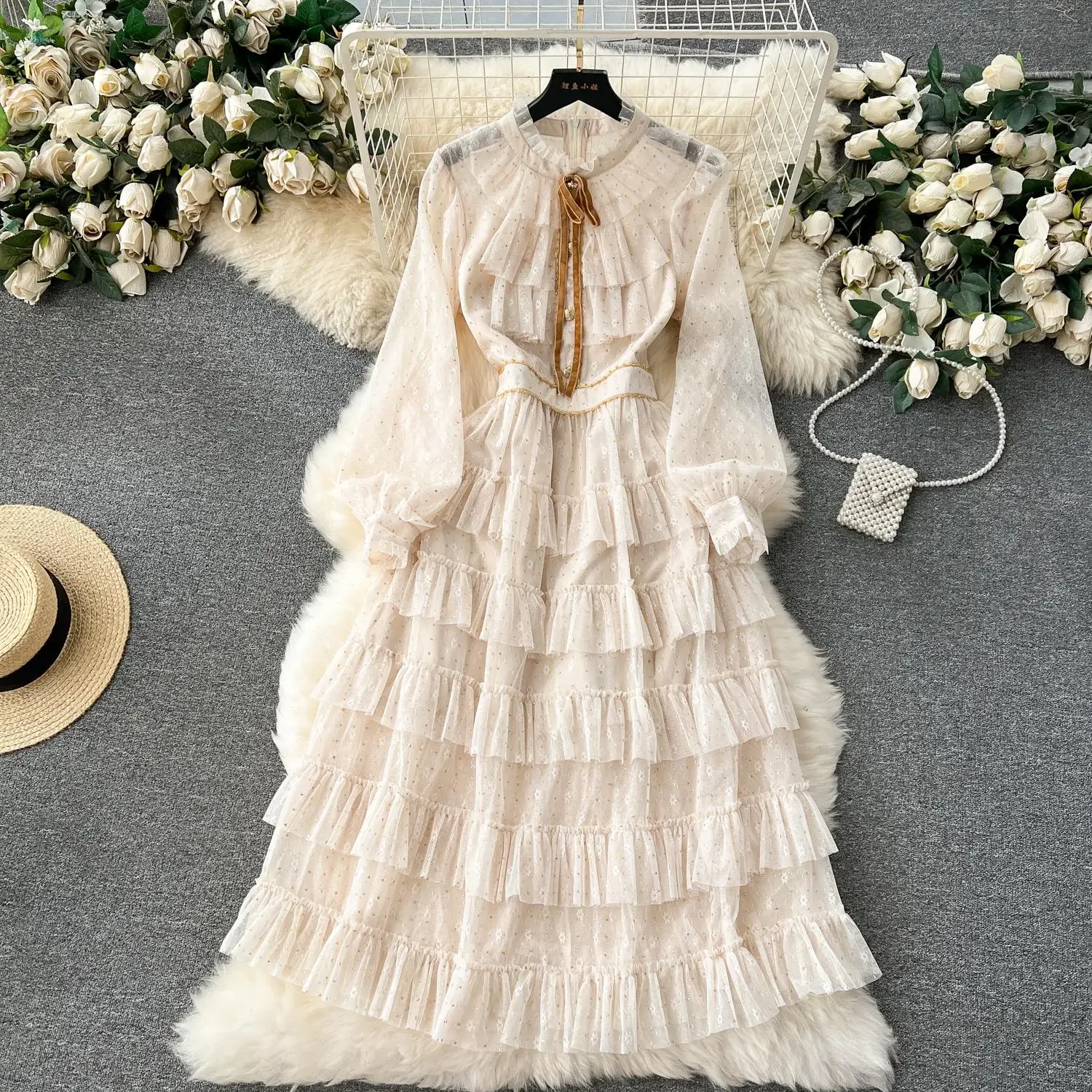 

Runway Designer Summer Mesh Long Dress Women Bow Butterfly Sleeve Pink Apricot Lace Female High Waist Ruffles Cake Party Dress