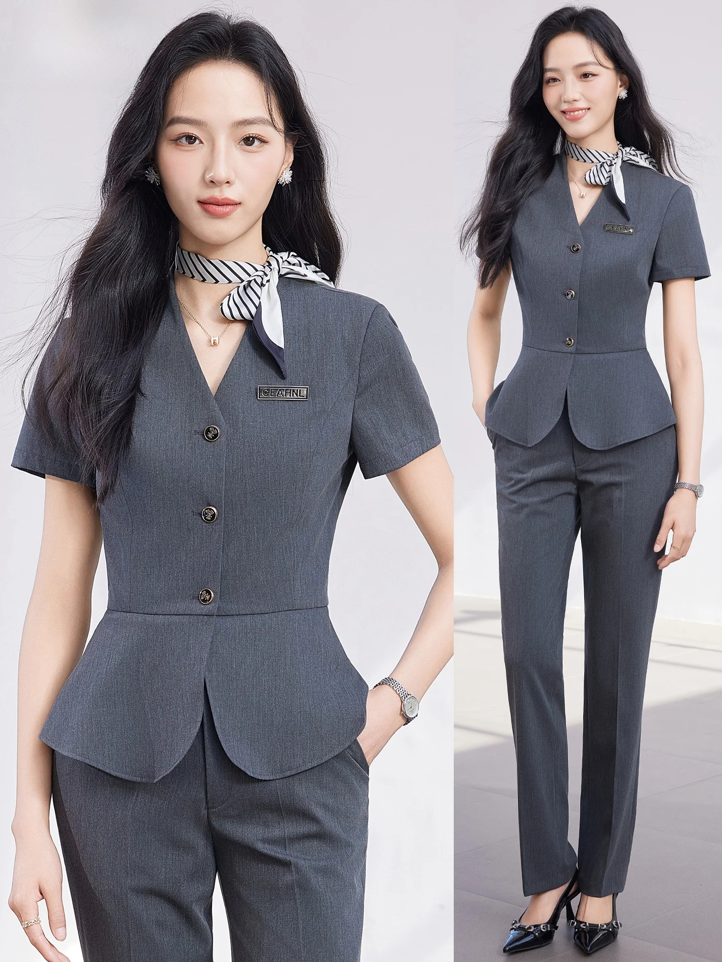 

Gray Short Sleeve Suit Set for Women Summer Professional Workwear Ideal for Front Desk Jewelry Store And Beauty Salon