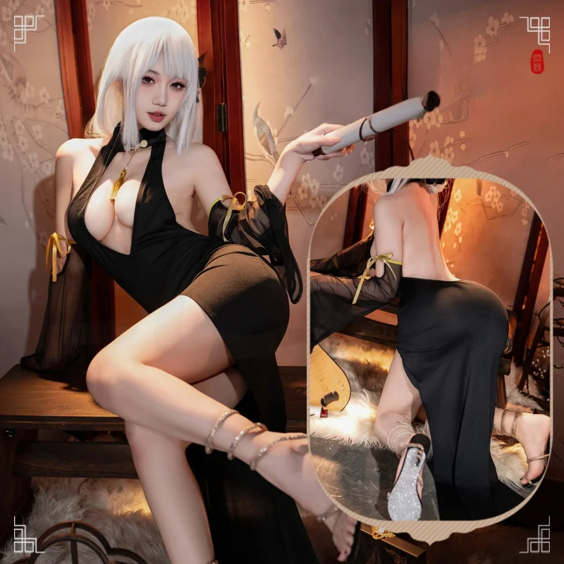 فستان لانجري مثير بفتحة على شكل حرف V على طراز شيونغسام بأكمام شفافة وتصميم بدون ظهر ملابس لعب الأدوار المثيرة للنساء