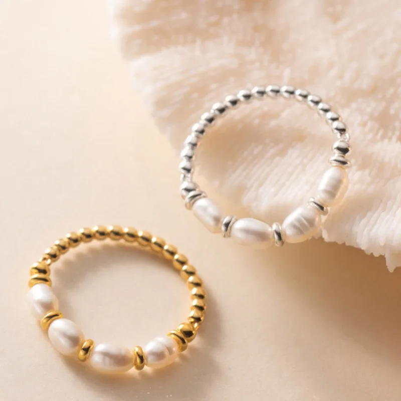 Minar Textured Rice Freshwater Pearl Copper Bead Strand Elastic Wedding Bands for Women 14K Gold Silver Plated Finger Rings