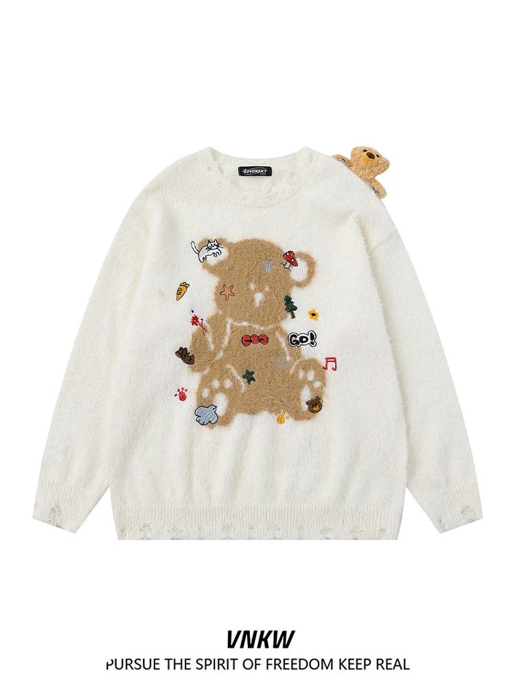 

Мужской вязаный свитер с вышивкой медведя, круглый вырез, свободный крой, зимний, повседневный, модный, уличный стиль, с узором медведя, теплый, термо-свитер