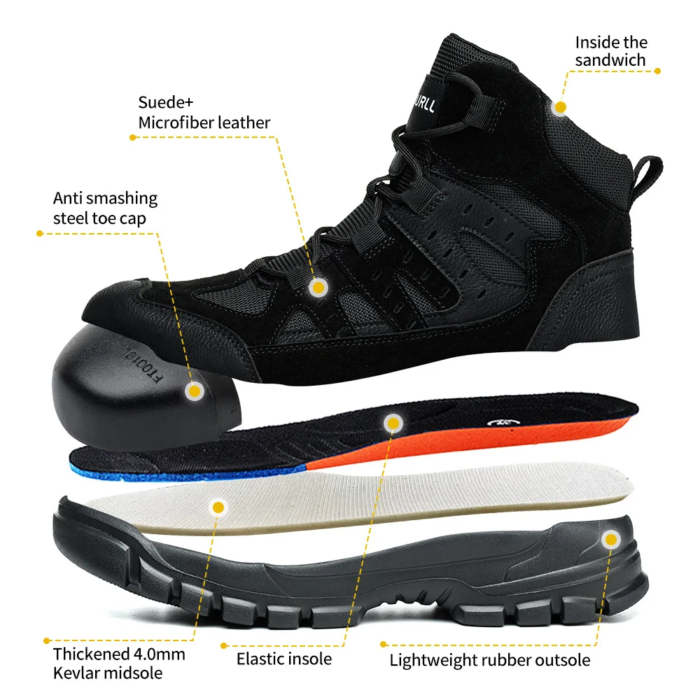 고품질 안전화, 충격 방지 안전화, 냄새 방지 작업용 스틸 토 신발, 하이탑 작업화, 펑크 방지 방수