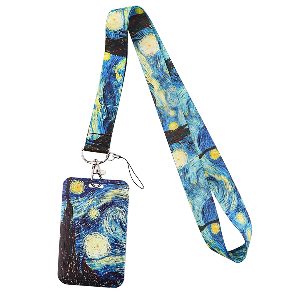 Van Gogh Starry Sky Painting Lanyards ID Badge Holder Bus Pass Case Cover Slip Bank Credit Card Holder Strap Cardholder