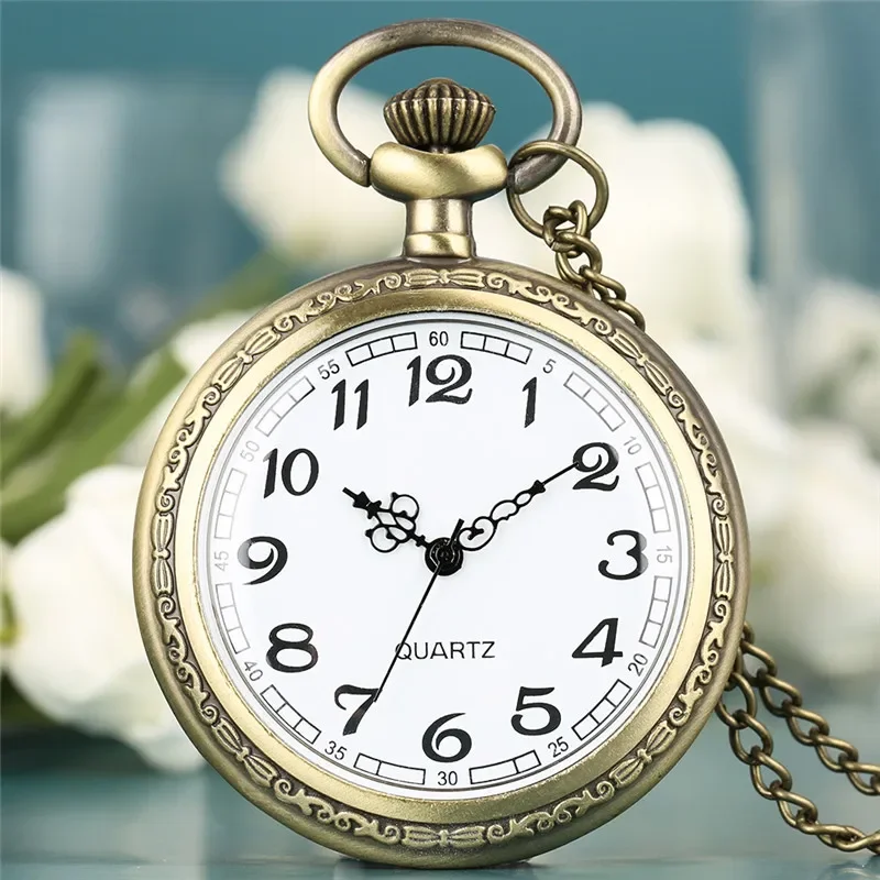 Vintage Open Face Men Women Quartz Analog Pocket Watch Arabic Number Display Necklace Chain Timepiece Gift