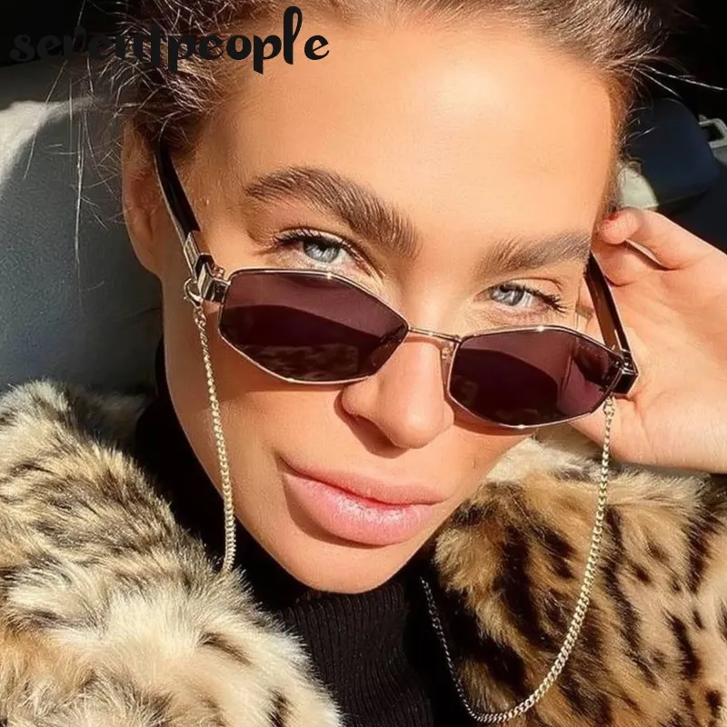 Fashion Small Irregular Sunglasses Women 2022 Luxury Brand Designer Trendy Polygonal Sun Glasses Ladies with Metal Eyewear Chain