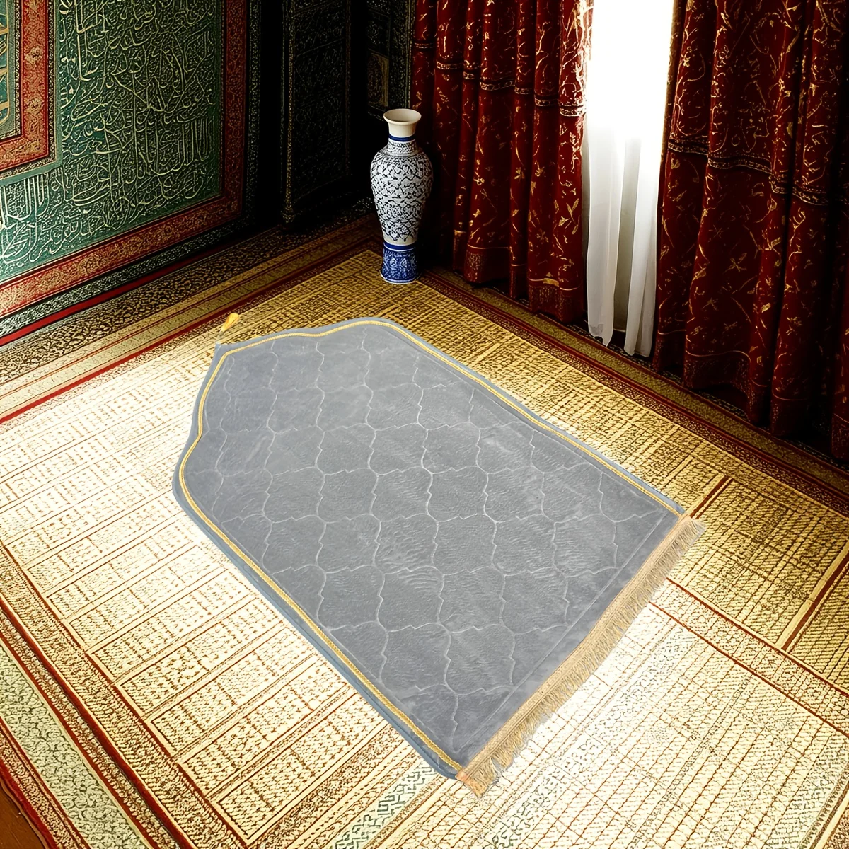 Tapis de prière de luxe VIKAMA avec design à pompons – Léger et pliable, idéal pour la prière à la maison, le Ramadan, l'utilisation en extérieur et plus encore