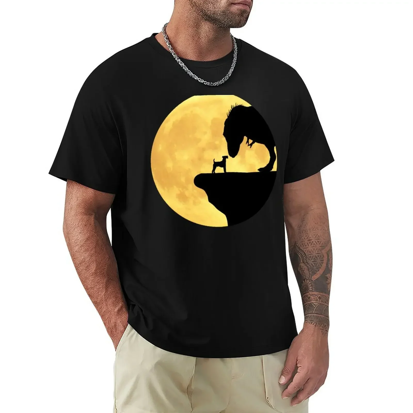 Summer Top Animal Prinfor Boys Designer T Shirt Men Irish Terrier Making Friends with A T-Rex in Front of Yellow Moon T-Shirt