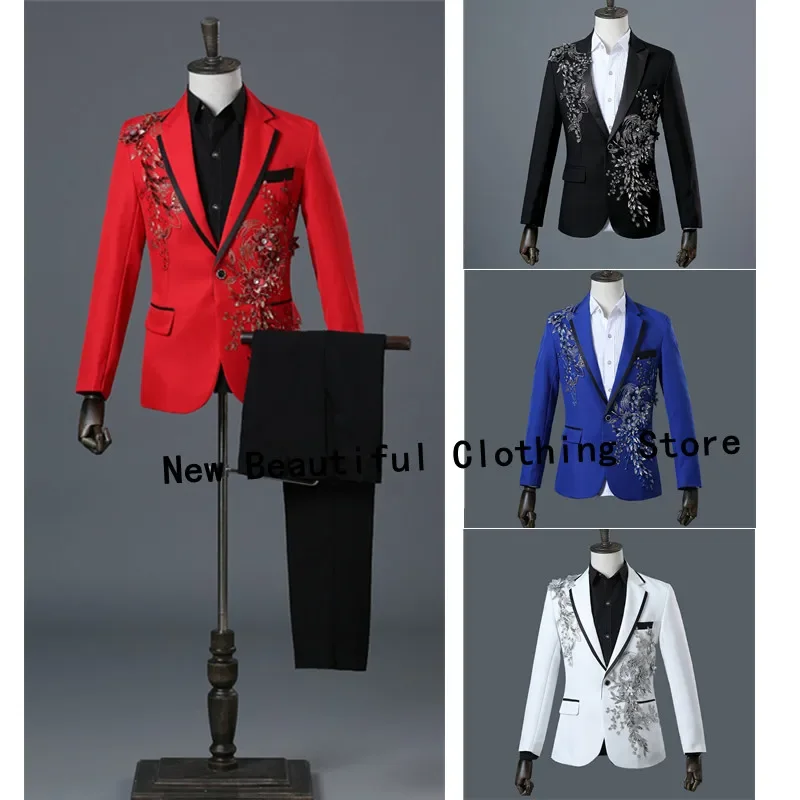 Fashion Embroidery Sequins Floral Suit Blazer Men One Button White 2 Piece Suit (Jacket+Pants) Party Stage Singer Wear Costume