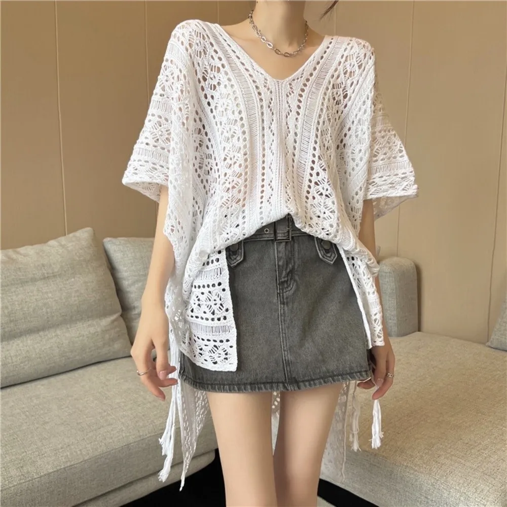 Oversized Hollow Out Swimsuit Cover Up V-neck Crochet Sweater Knitted Bikini Cover Up Fishing Net Mesh Beach Wear Vacation