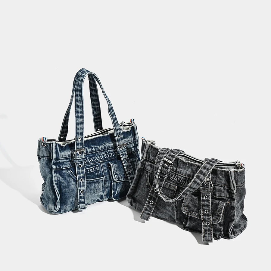 

2025 new luxury designer women shoulder strap handbag button handle bottom retro denim underarm single shoulder cover wallet