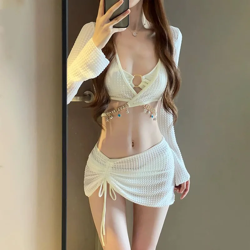 

Sexy Bikini Separation Swimwear Long Sleeve Thermal Spring Women's Four-Piece Set Pure Color Wrap Skirt Bathing Suit