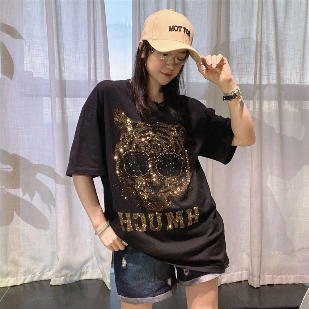 Sequins Tiger Head Short Sleeve T Shirt Woman 2026 Cotton Casual O Neck Oversized Tees Vestidos Y2k Clothes Streetwear