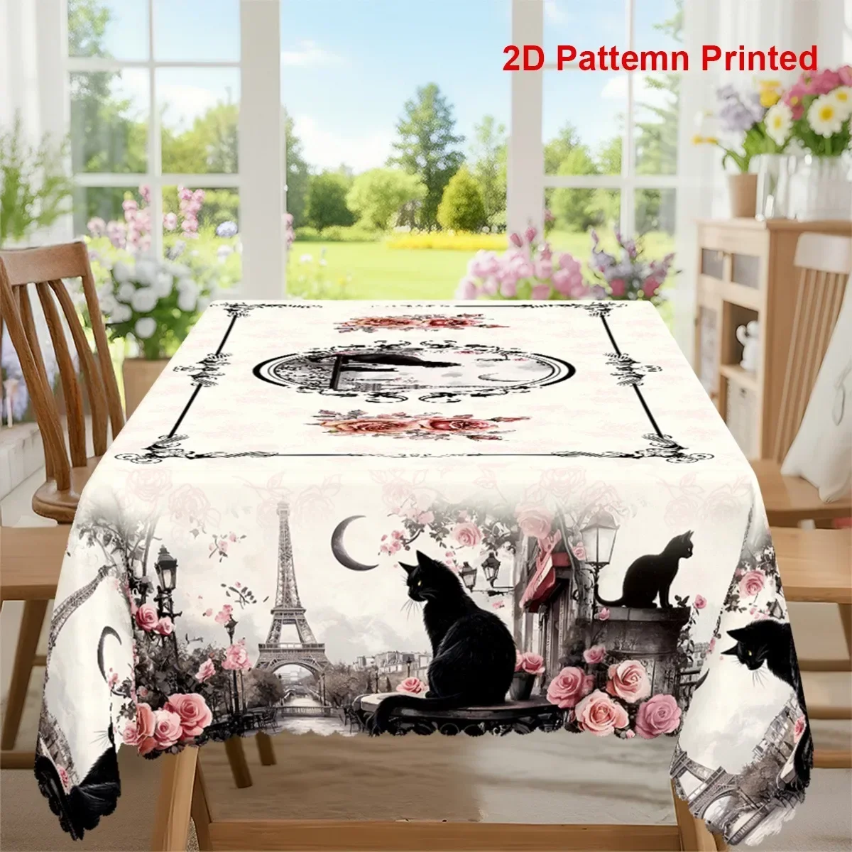 1pc 2D flat printing, cat-themed party tablecloth, spring and summer moon, Eiffel Tower, rose flowersxzj