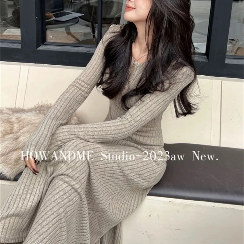 Autumn Winter New Fashion Long Sleeve Solid Slim Women\'s Clothing Korean Temperament Trend Simplicity Knitting All-match Dresses