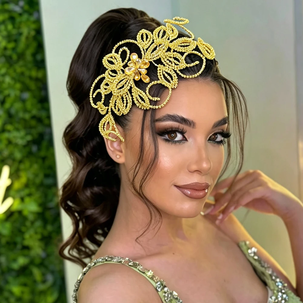 DZ334 Golden Yellow Bridal Crown Rhinestone Leaf Headband Handmade Headdress for Women Crystal Wedding Headpiece Accessories