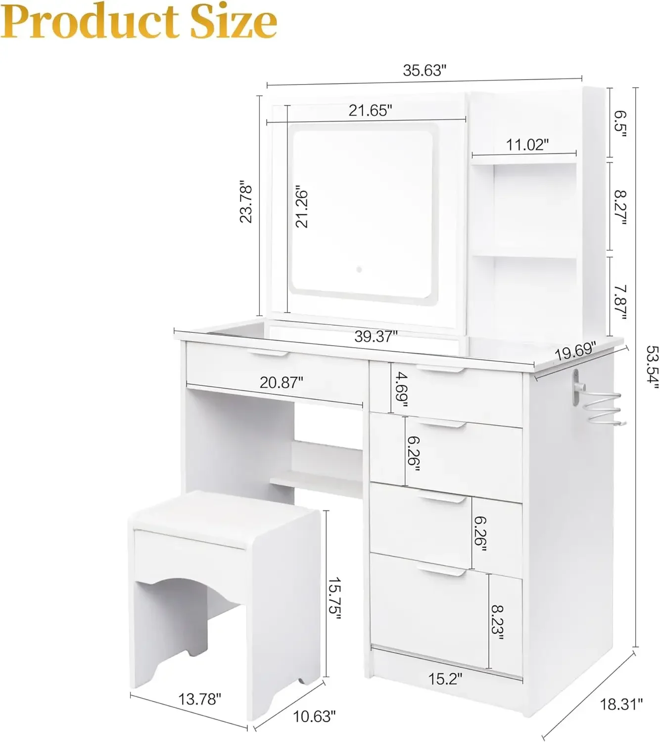 Vanity Desk with Mirror, LED Lights and Power Outlet, Glass Top with 5 Drawers and 6 Adjustable Storage Shelves