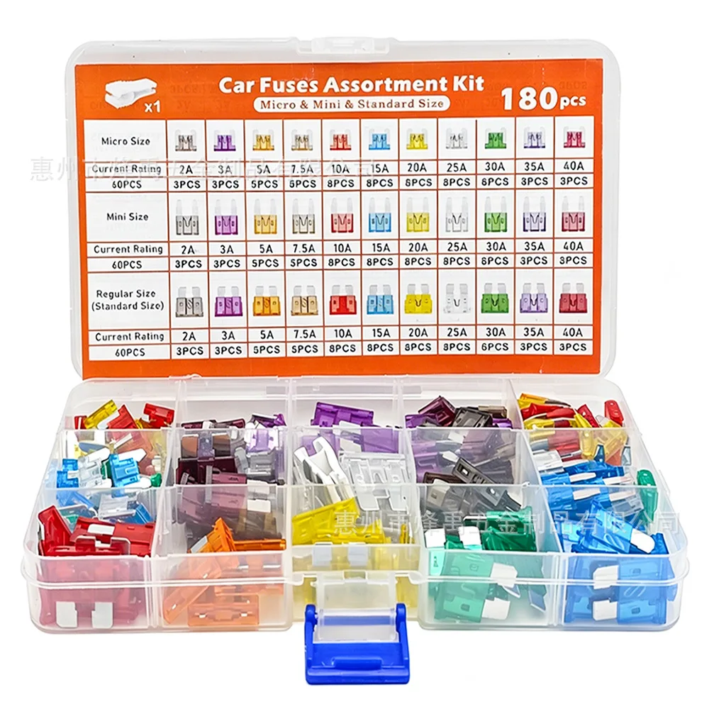 180Pcs Zinc Alloy Terminal Car Blade Fuse Kit, Micro Mini Standard Auto Fuses 2A-40A, Automotive Circuit Protection Replacement