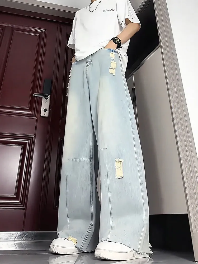 Blue Ripped Wide Leg Jeans Men Summer Loose Slimming mid Waist Straight Cut Denim Pants Teens Casual Straight Leg Trousers