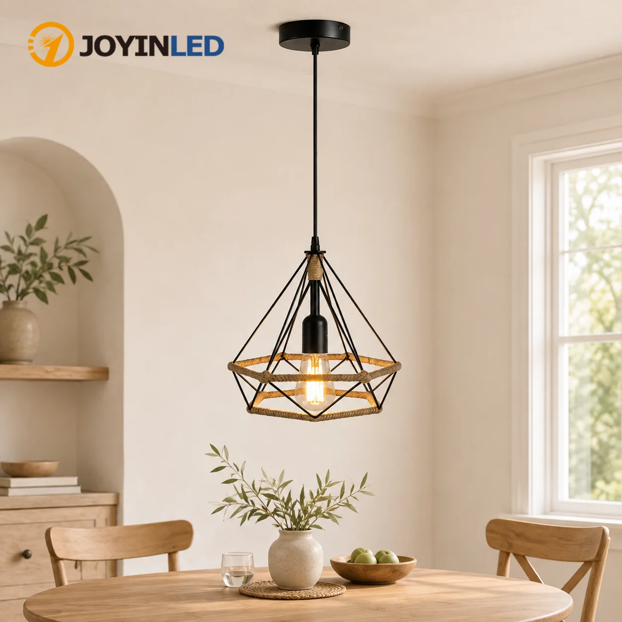 JOYINLED Industrial Style 24cm Hemp Rope Iron Chandelier Vintage Pendant Light Retro Industrial Hanging Lamp for Bar Dining Room