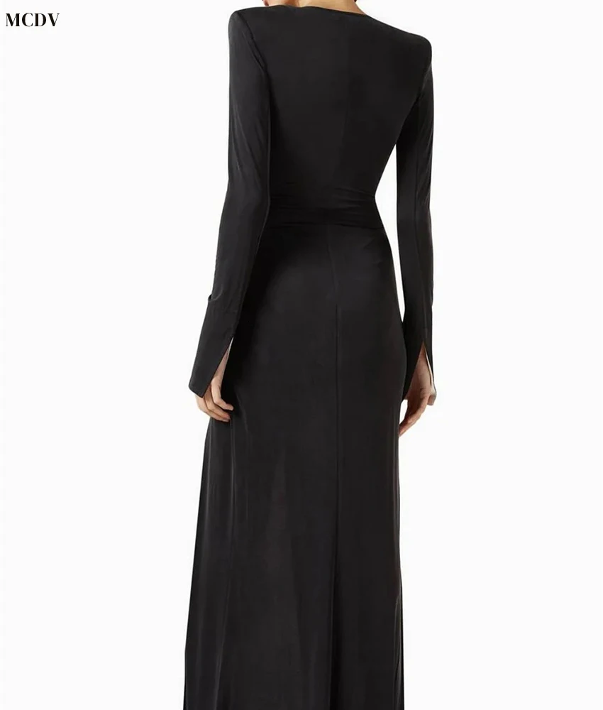 맞춤형 섹시한 저지 머메이드 이브닝 드레스 기품 있는 브이넥 긴 소매 바닥 길이 맞춤형 행사 드레스 맞춤 사이즈