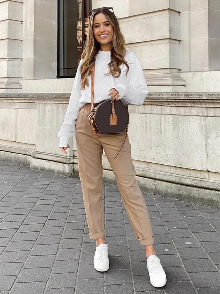 Calças Femininas Elegantes de Cintura Alta com Bolsos, Pregas e Zíper, Calças Soltas até o Tornozelo para Escritório Primavera 2026