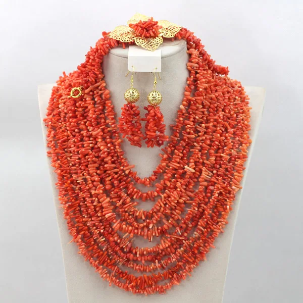 Marvelous 10 Layers Pink Coral Beads Jewelry Set African Wedding Bridal Jewelry Set Wedding Gift Set New  ABC650