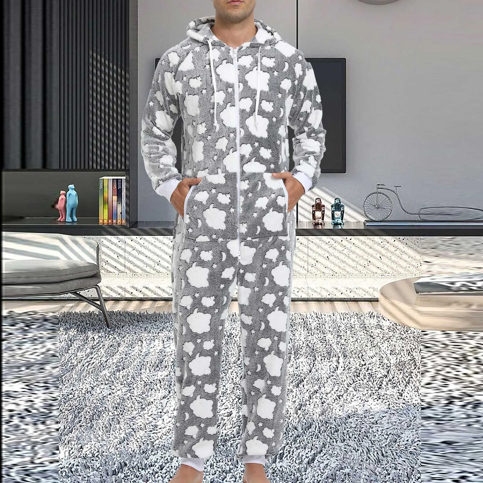 Male Autumn Winter Printed Loose Long Sleeved Warm Pajamas Home Clothes With Pockets Casual Pants for Men Jumpsuit Sleepwear