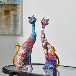 Nordic Art Oil Painting Cat Decoration Resin Abstract Ornaments Figurines Bedroom Desktop Porch Cat Sculpture Home Decor Gift