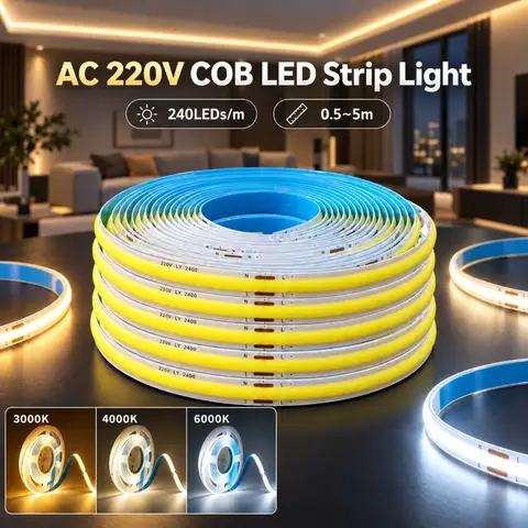 0.5‑5M AC220V COB LED Strip Light 240LEDs/m IP20 Cuttable 10cm Per Cut Warm Neutral White for Home Indoor Decoration Lighting