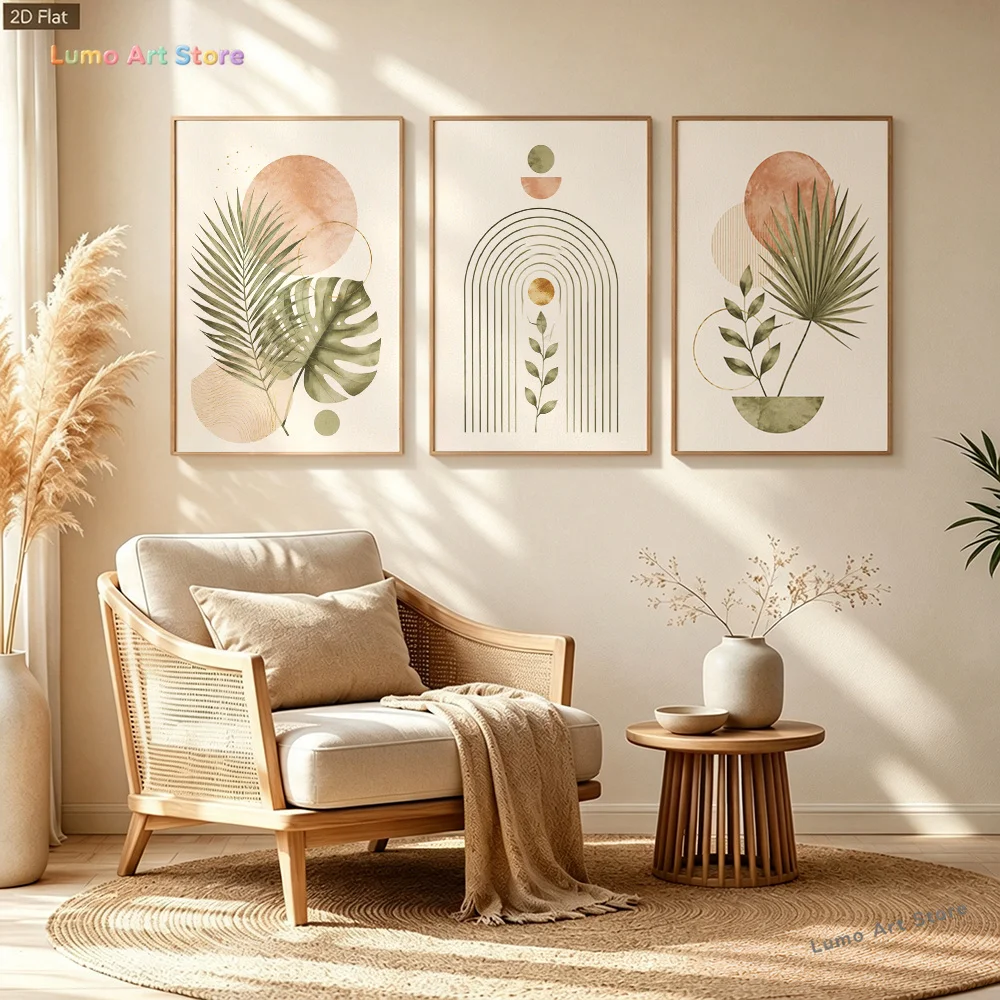 2D Flat, 2D/Flat 3pcs Bohemian Abstract Geometric Plant Wall Art, Morandi Tone Arch Line Canvas Print, Minimalist Botanical D