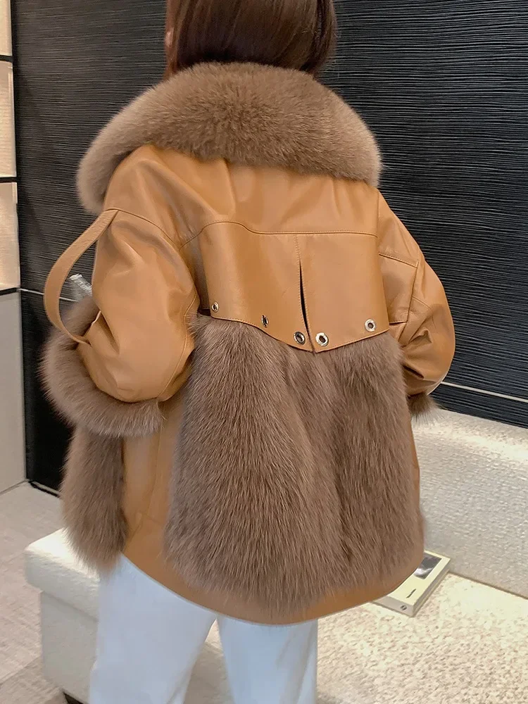 Tcyeek Winter Warm Real Fur Coat 23 Women\'s Genuine Leather Jacket Sheepskin Patchwork Fox Fur Coats Woman Fashion Loose Jackets