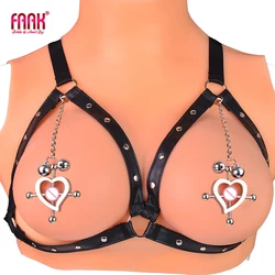 FAAK Breast Clip Leather belt Bondage Stainless Steel Nipple Clamp with Chains Adjustable Couples Flirting Sex Toys For Women