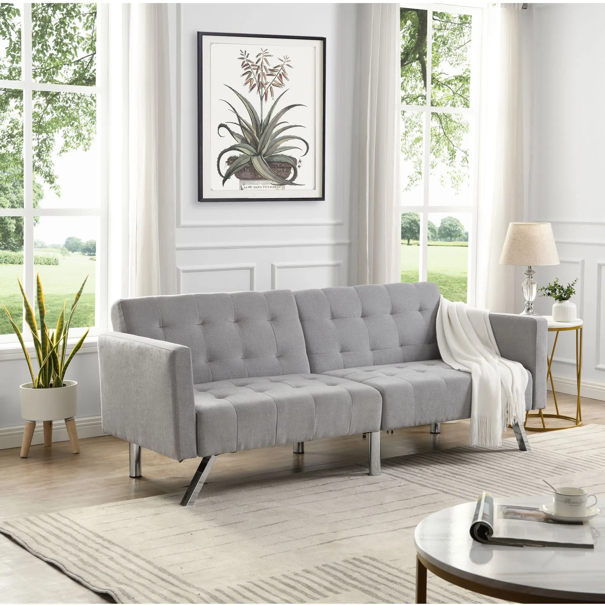 Light Grey Convertible Folding Sofa Bed with Armrests for Living Room Bedroom Apartment or Reading Room