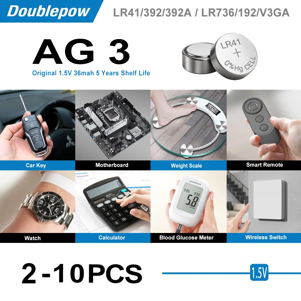 Doublepow оригинальный 2-10 LR41 AG3 кнопочный аккумулятор 1,5 В 192 392 392A L736 V3GA часы калькулятор игрушка пульт дистанционного управления батарея для монет
