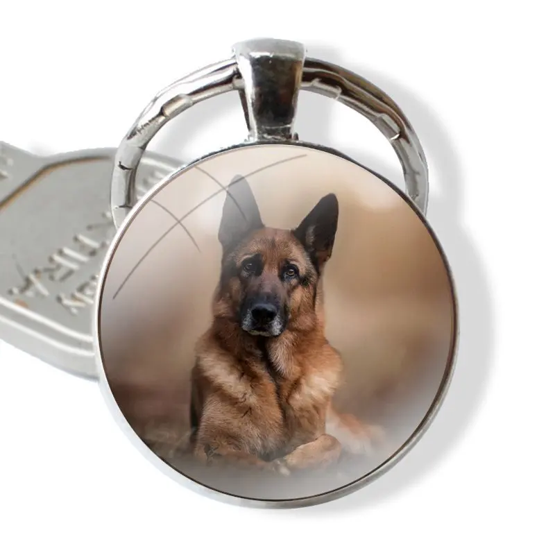 German Shepherd Dog Pattern Keychain Handmade Glass Cabochon Key Ring Holder Pendant Key Chains Fashion Design Cartoon Creative