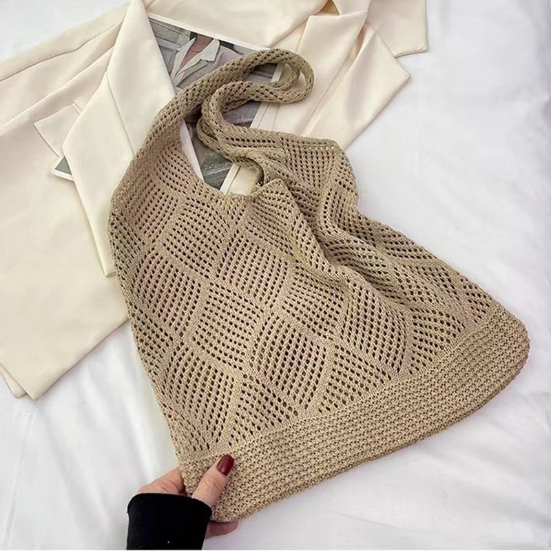 Neue Trend frauen Tasche Häkeln Handtasche Retro Gestrickte Einfarbig Hohl Top-griff Einkaufstasche Reise Shopper Schulter tasche – Detail 24