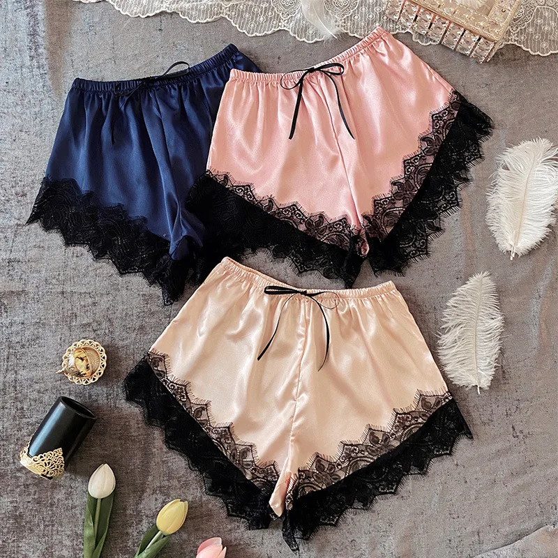 3 Pcs Set Summer Home Bottoming Shorts Lace-up Quick-drying Loose Shorts Silk Soft Anti-glare Safety Pants Silk Shorts for Women